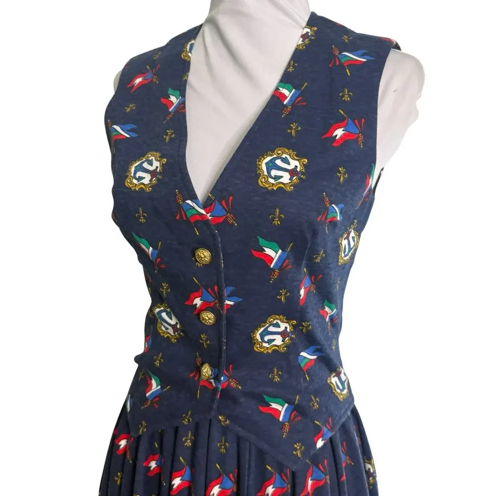Vintage Nautical Anchor Flag Print Vest  Full Circle Skirt MAtching  Set XXS
